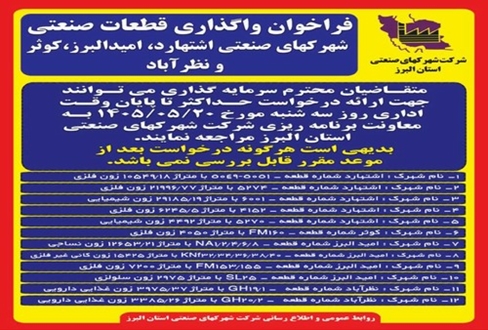  فراخوان واگذاری قطعات صنعتی شهرکهای صنعتی اشتهارد،امید البرز، کوثر و نظرآباد